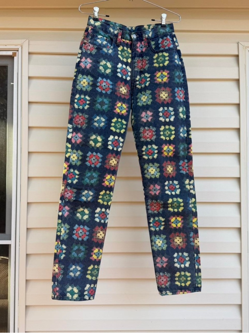 Vintage granny square printed graphic jeans made in Italy.